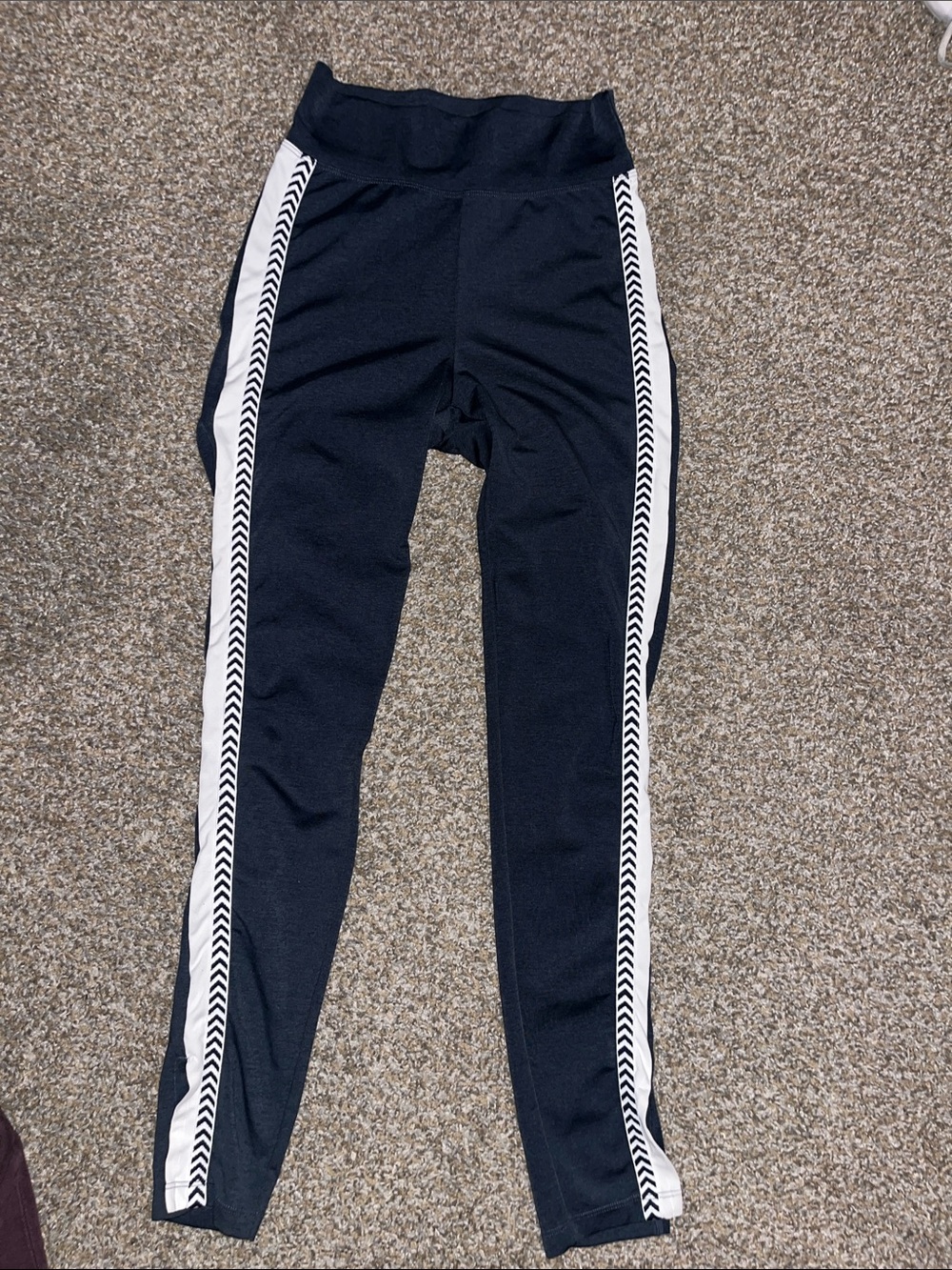 THE UPSIDE Navy Leggings with White Chevron Side Stripes